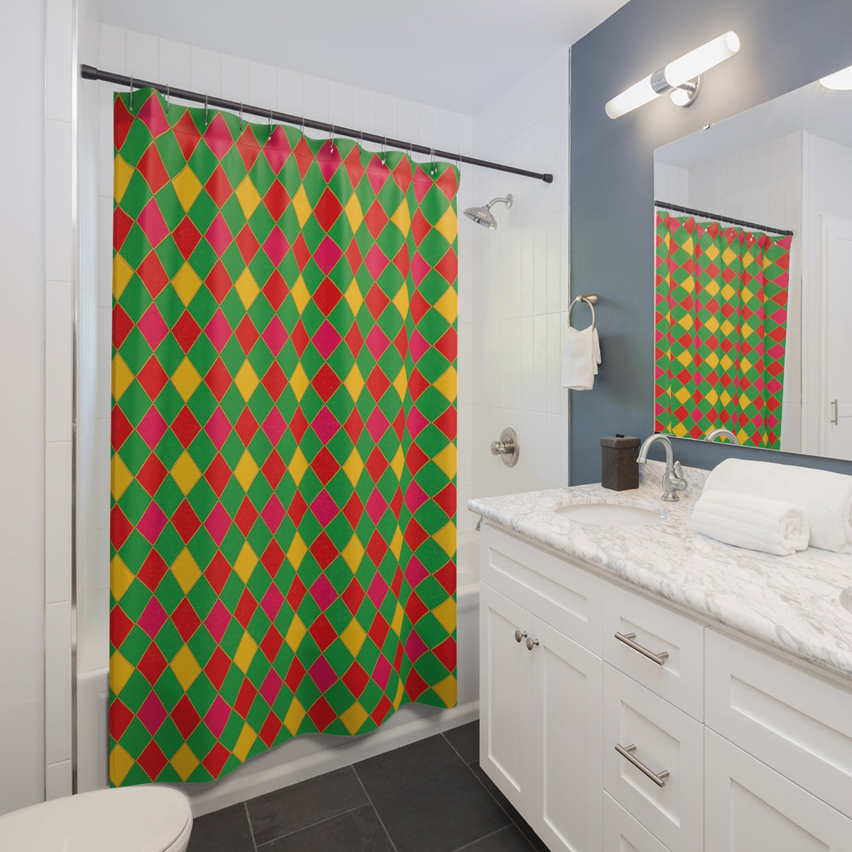 Jewel Harlequin Check Shower Curtain – Harlequin Geometric Pattern