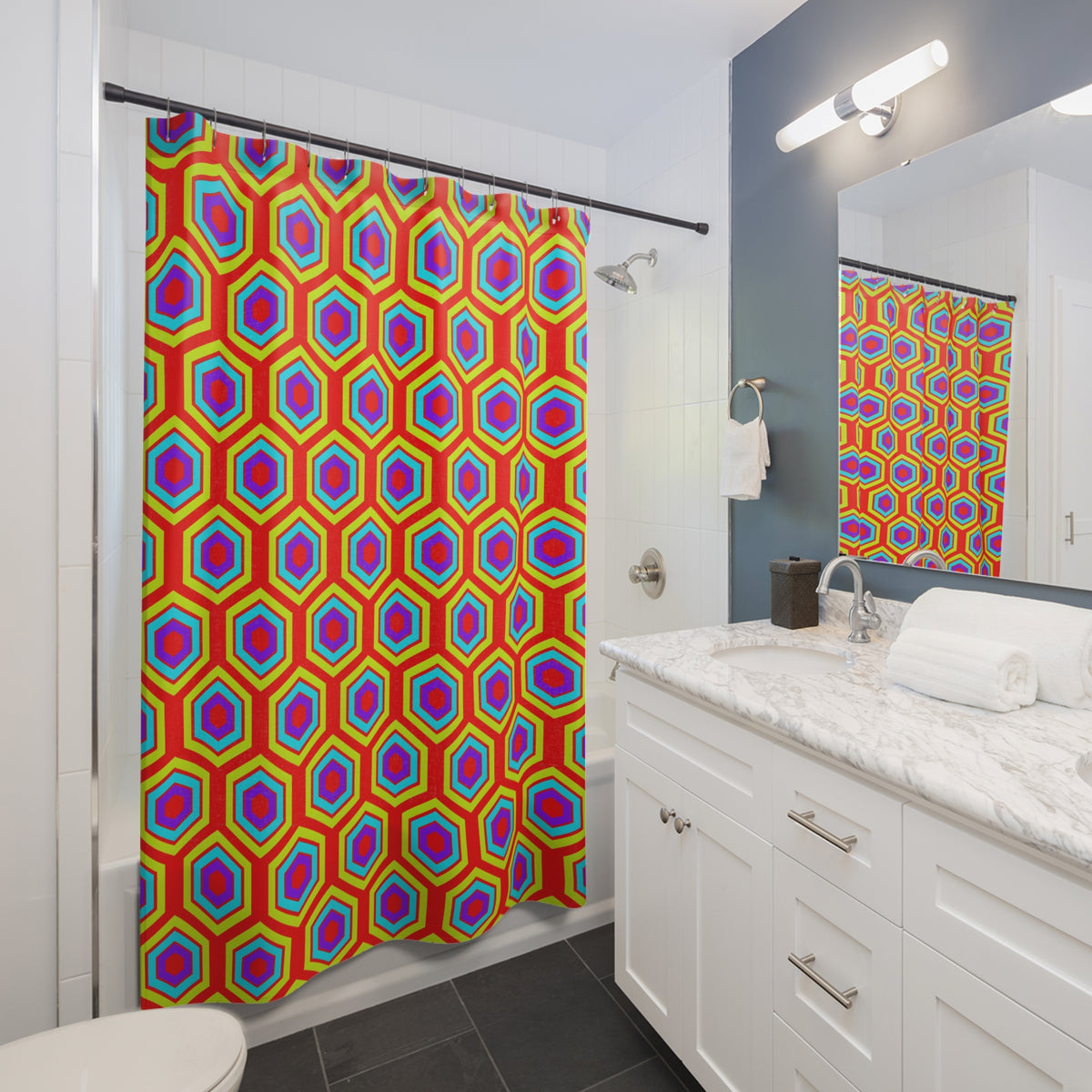 Concentric Hexagon Ripple Shower Curtain – Op-Art Hexagons Pattern