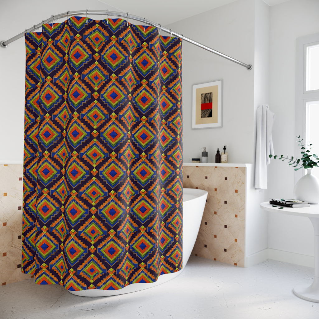 Stepped Diamond Ikat Shower Curtain – Art Deco Geometric Pattern