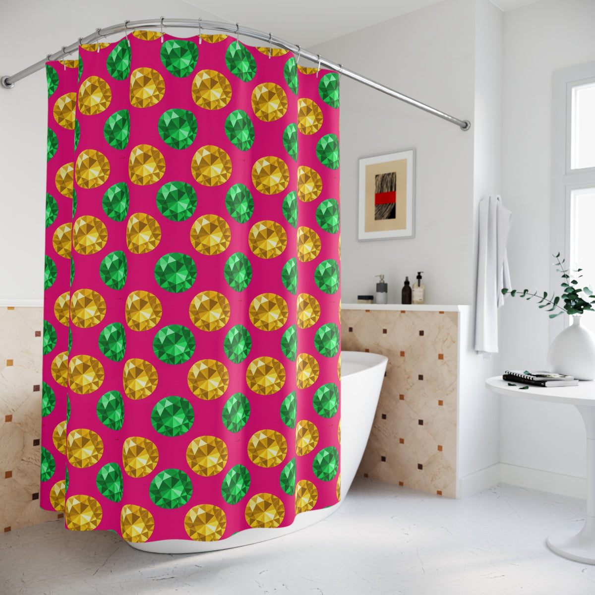 Half-Drop Gem Grid Shower Curtain – Faceted Gem Geometric Pattern