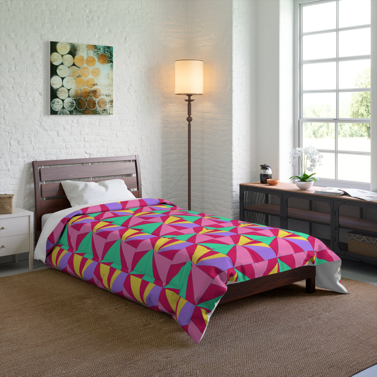 Cubist Sunburst Blocks Comforter – Candy Pop on Raspberry