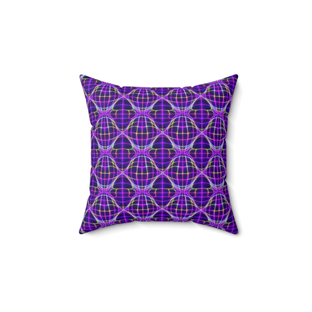 Neon Warp Grid Faux Suede Cushion – Op-Art Holographic-Look Pattern