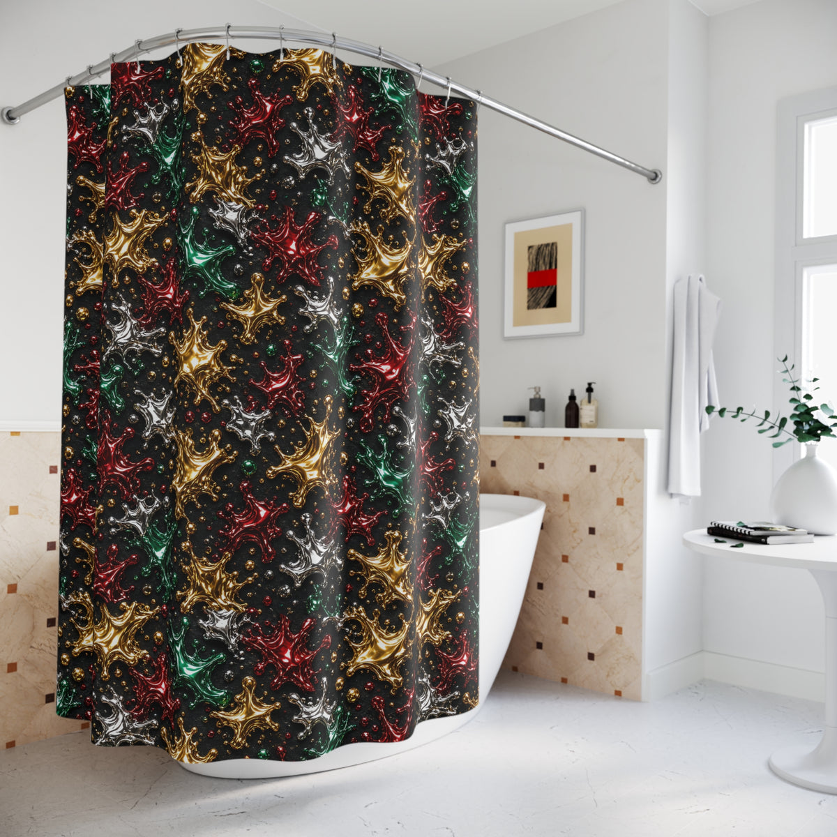 Chrome Splash Confetti Shower Curtain – Liquid Chrome Pattern