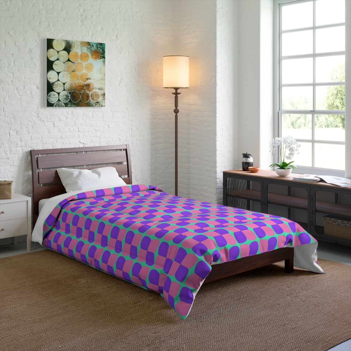 Bold Bulge Checker Comforter – Candy Pastel on Grape