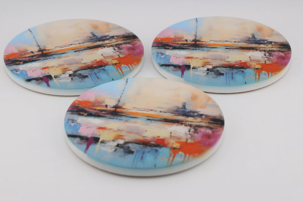 AI24080C Abstract Minimalist Watercolour Seascape - Multi coloured Round Ceramic Coasters- Set of 6, gift for all occasions, Made in Britain
