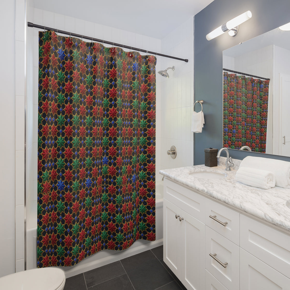 Interlocking Jewel Stars Shower Curtain – Geometric Pattern