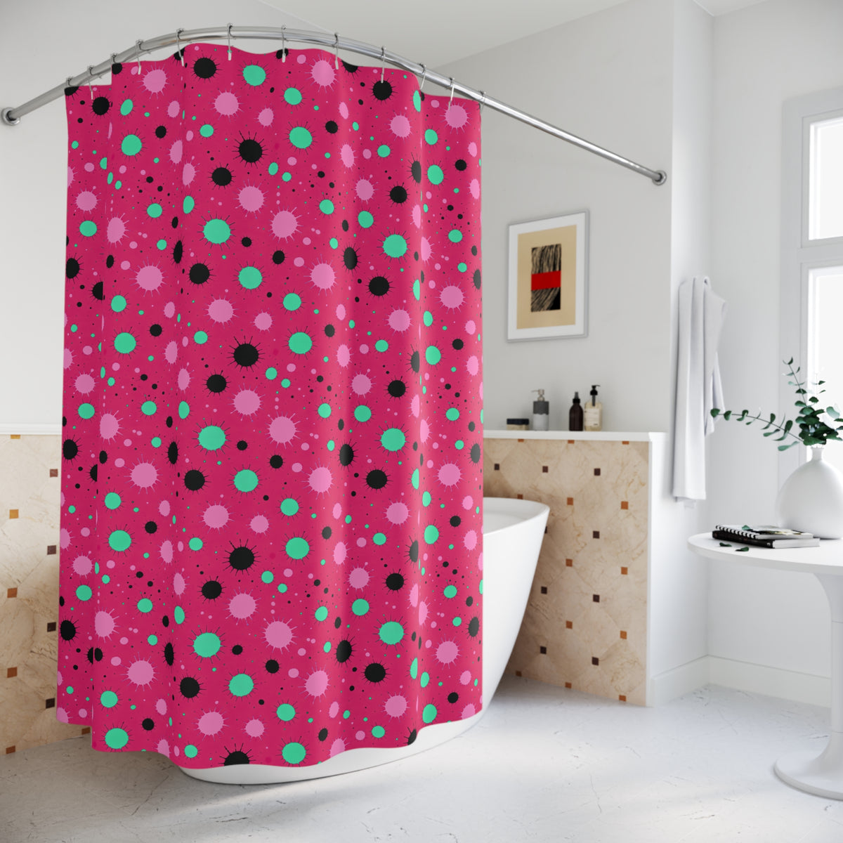 Blot Burst Shower Curtain – Candy Pop on Raspberry