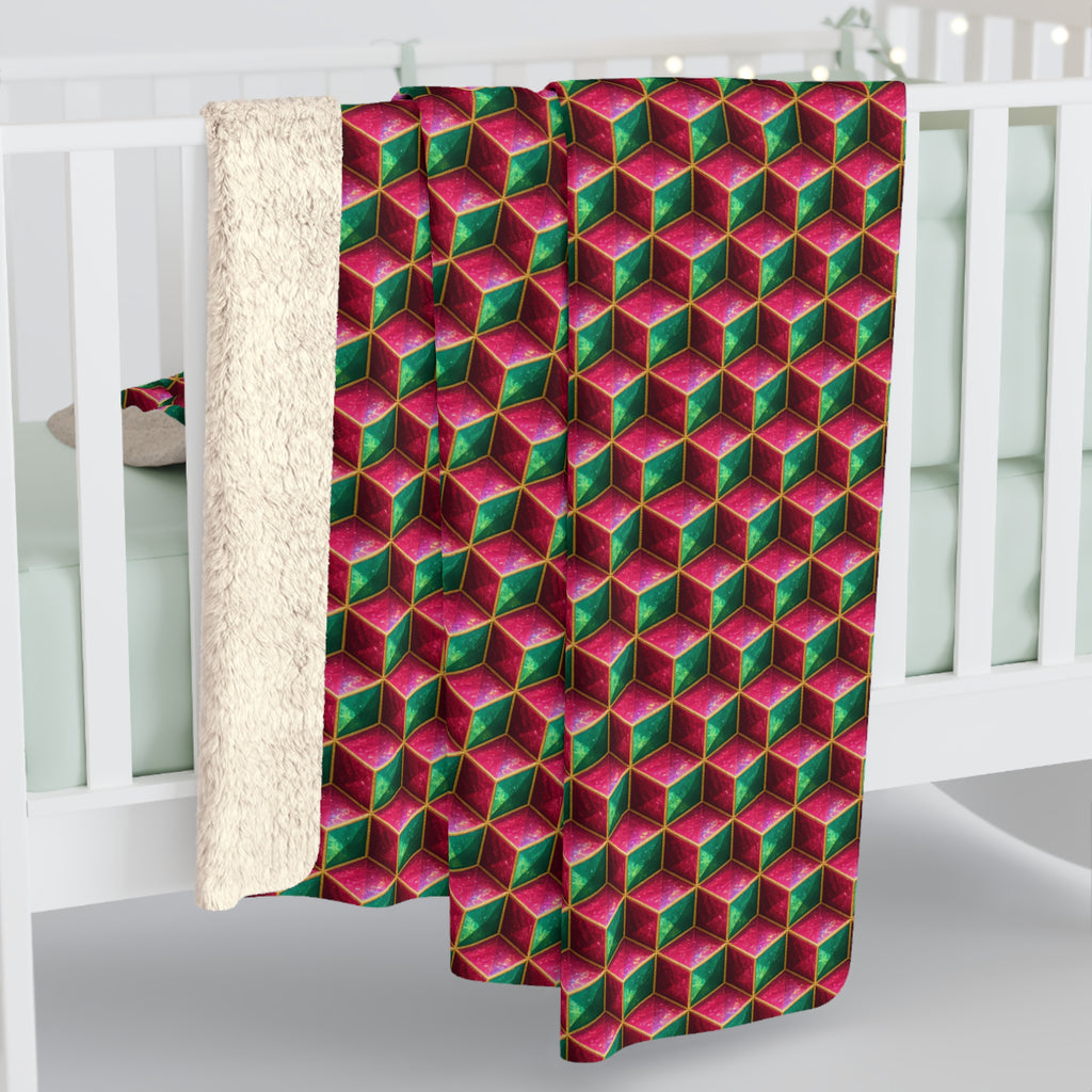 Faceted Cube Illusion Sherpa Fleece Blanket – Holographic-Look Geometric Pattern