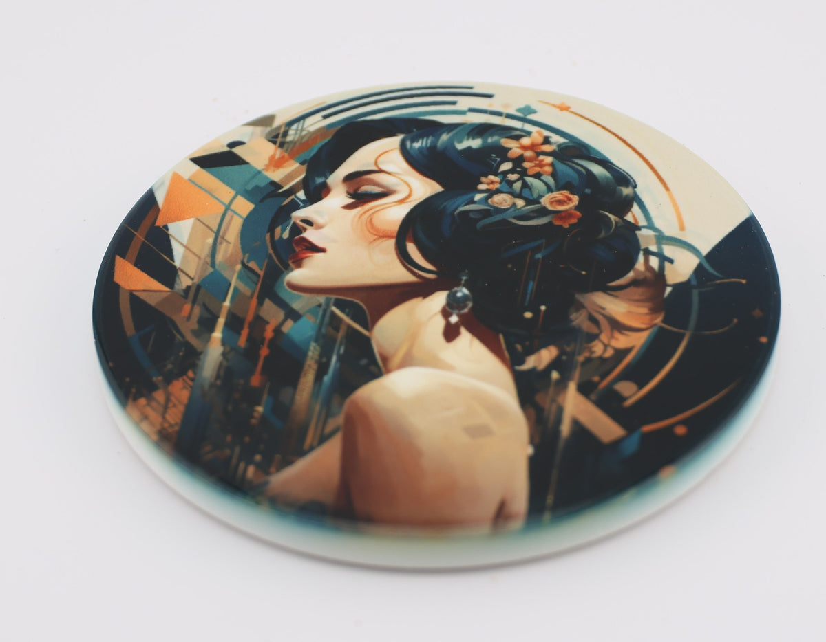 AI24008c. Art Deco Effect Round Ceramic Coasters-  - Set of 6, colourful, gift for all occasions, six unique designs.