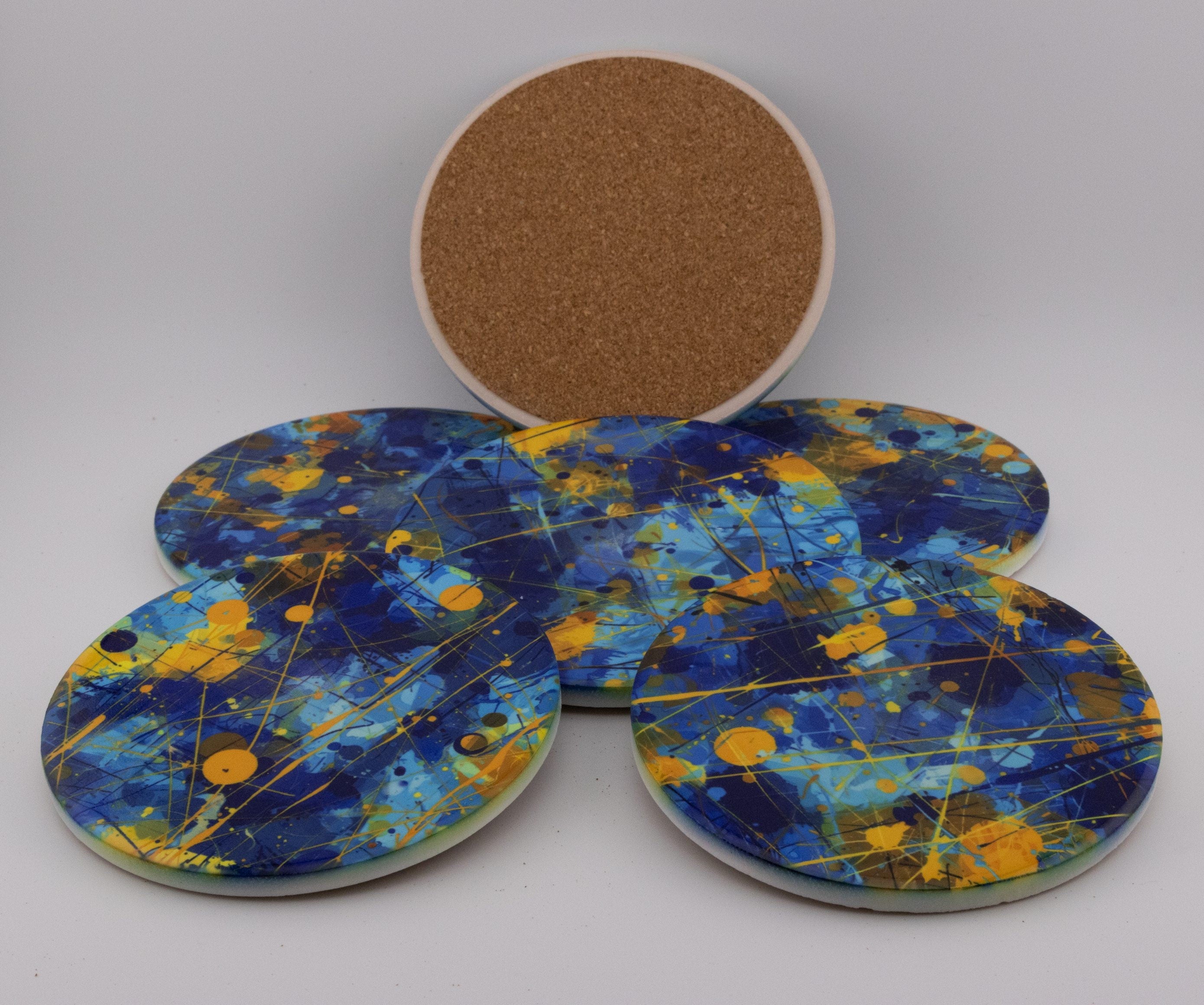 AI24010C Chaotic Blue & Yellow abstract effect Round Ceramic Coasters- Set of 6, gift for all occasions, six unique designs.