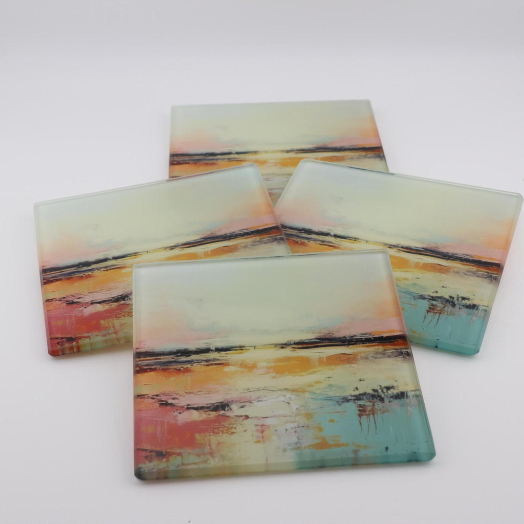 AI24079G Water colour Abstract minimalist Lanscape Scene  Square Glass Coasters- Set of 6, colourful, gift for all occasions.