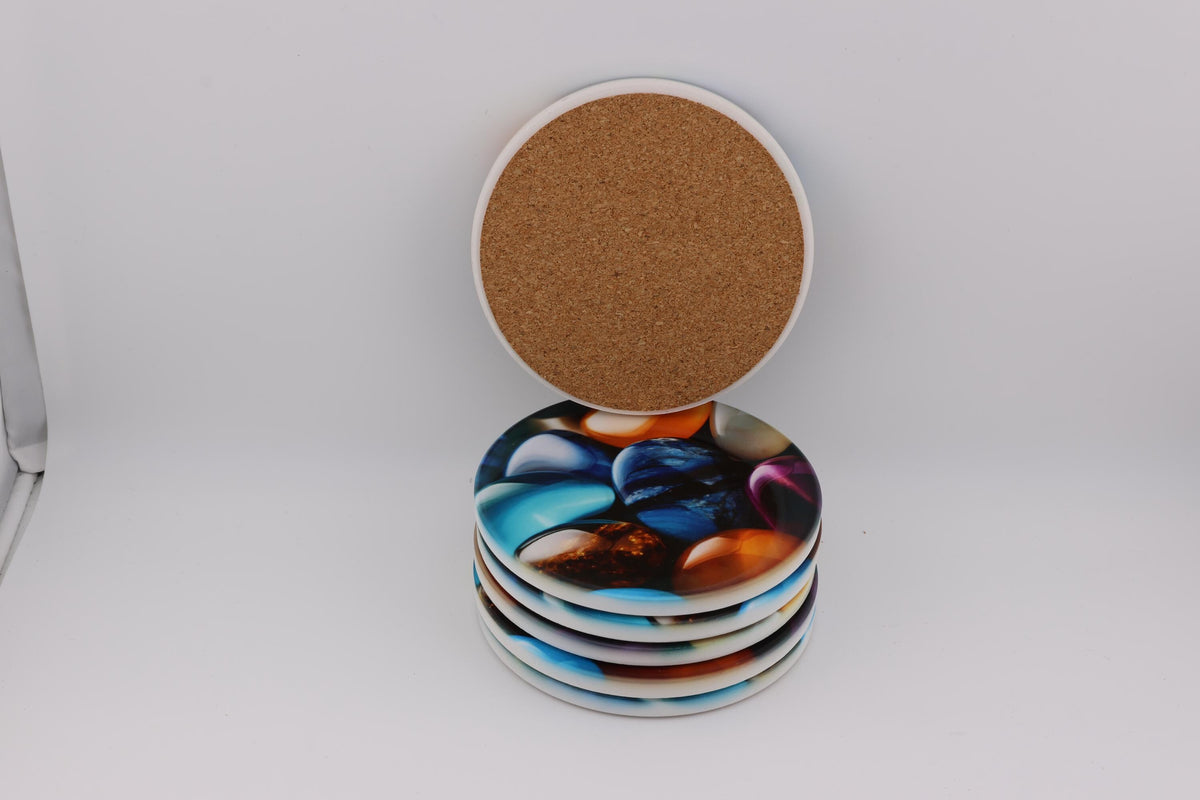 AI24046C  Pebbles - Multi coloured Round Ceramic Coasters- Set of 6, gift for all occasions, Designed and made in Britain