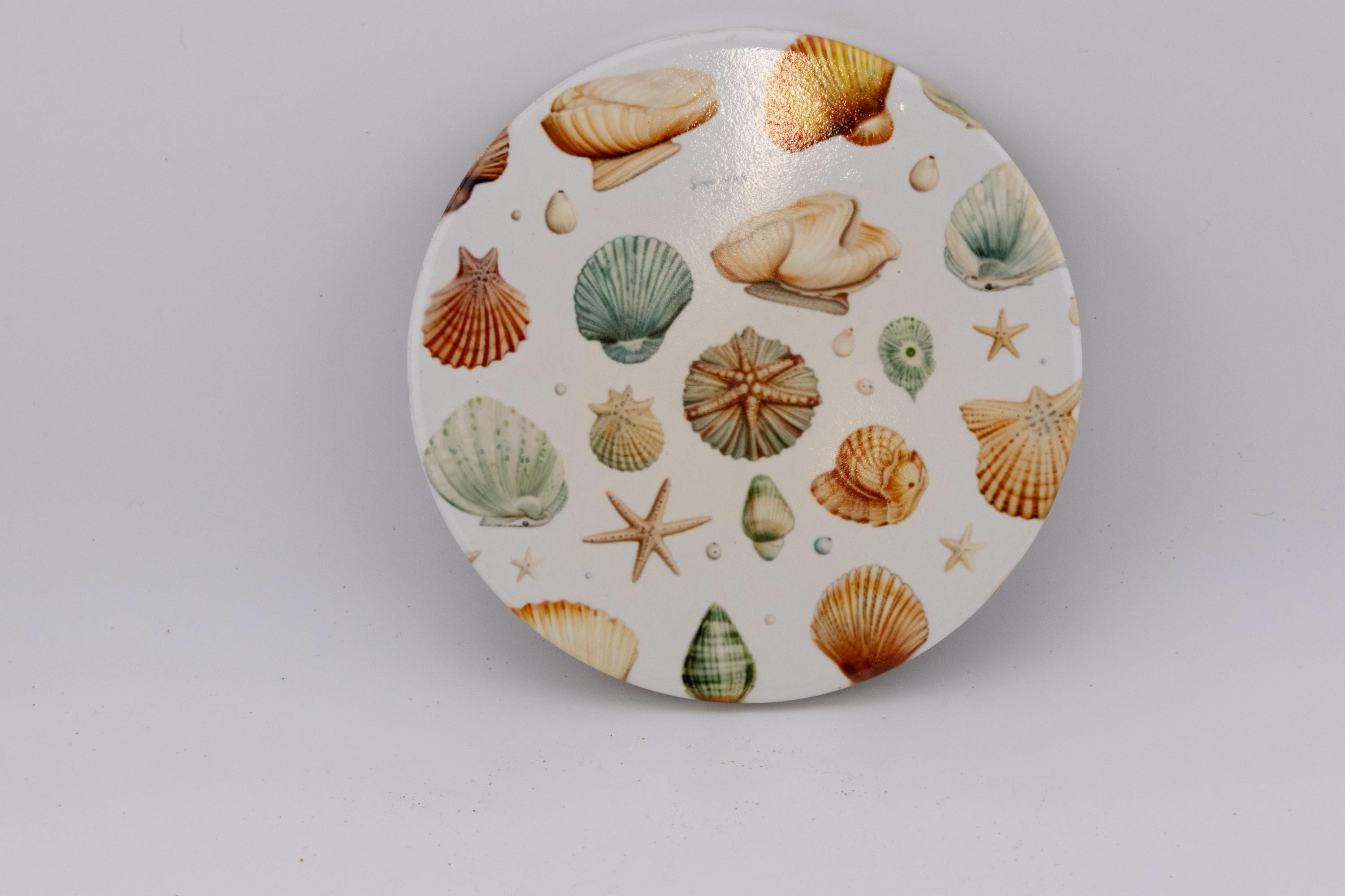 AI24041C  Beachlife Shell collection  Round Ceramic Coasters- Set of 6, colourful, gift for all occasions, six unique designs.