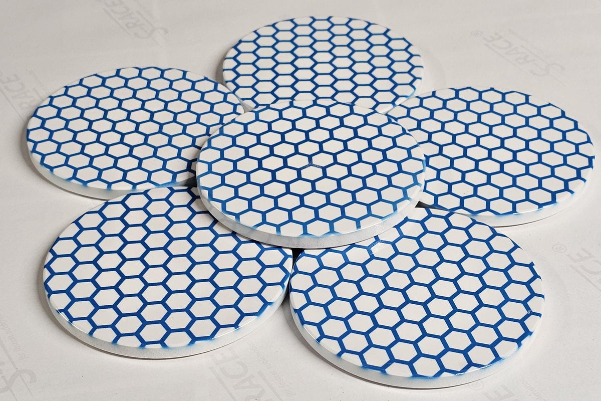 AI24069C Blue and white Honeycomb ,other variations -  Round Ceramic Coasters- Set of 6, gift for all occasions, Designed, made in Britain