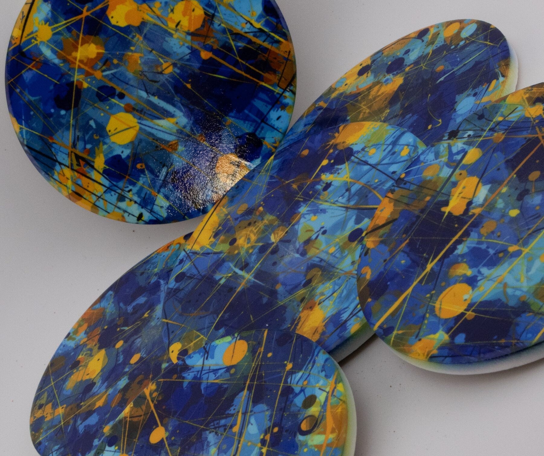 AI24010C Chaotic Blue & Yellow abstract effect Round Ceramic Coasters- Set of 6, gift for all occasions, six unique designs.