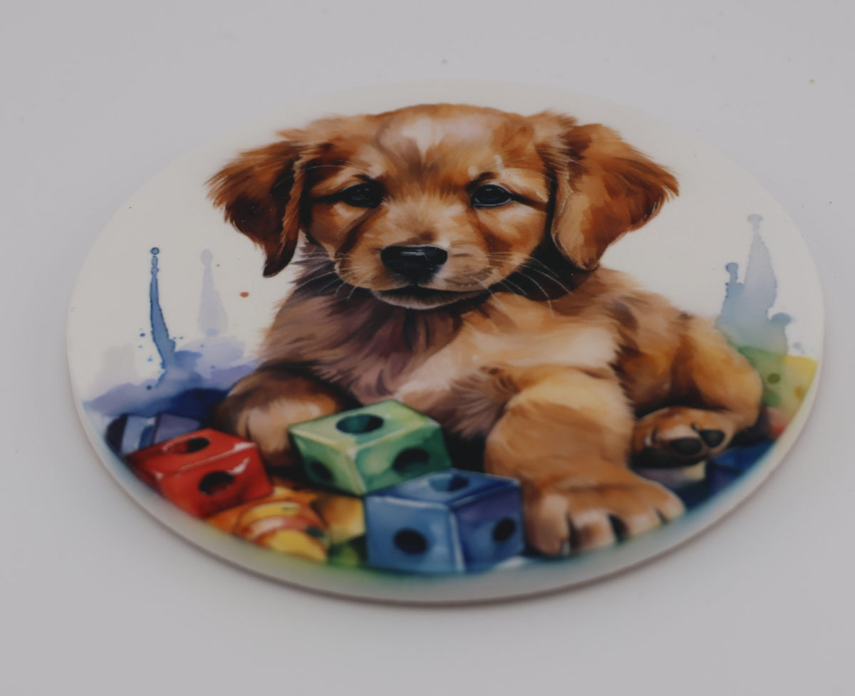 AI24023C Golden Retriever  Puppy Printed Watercolour effect Round Ceramic Coasters-  Set of 6, colourful, gift for all occasions
