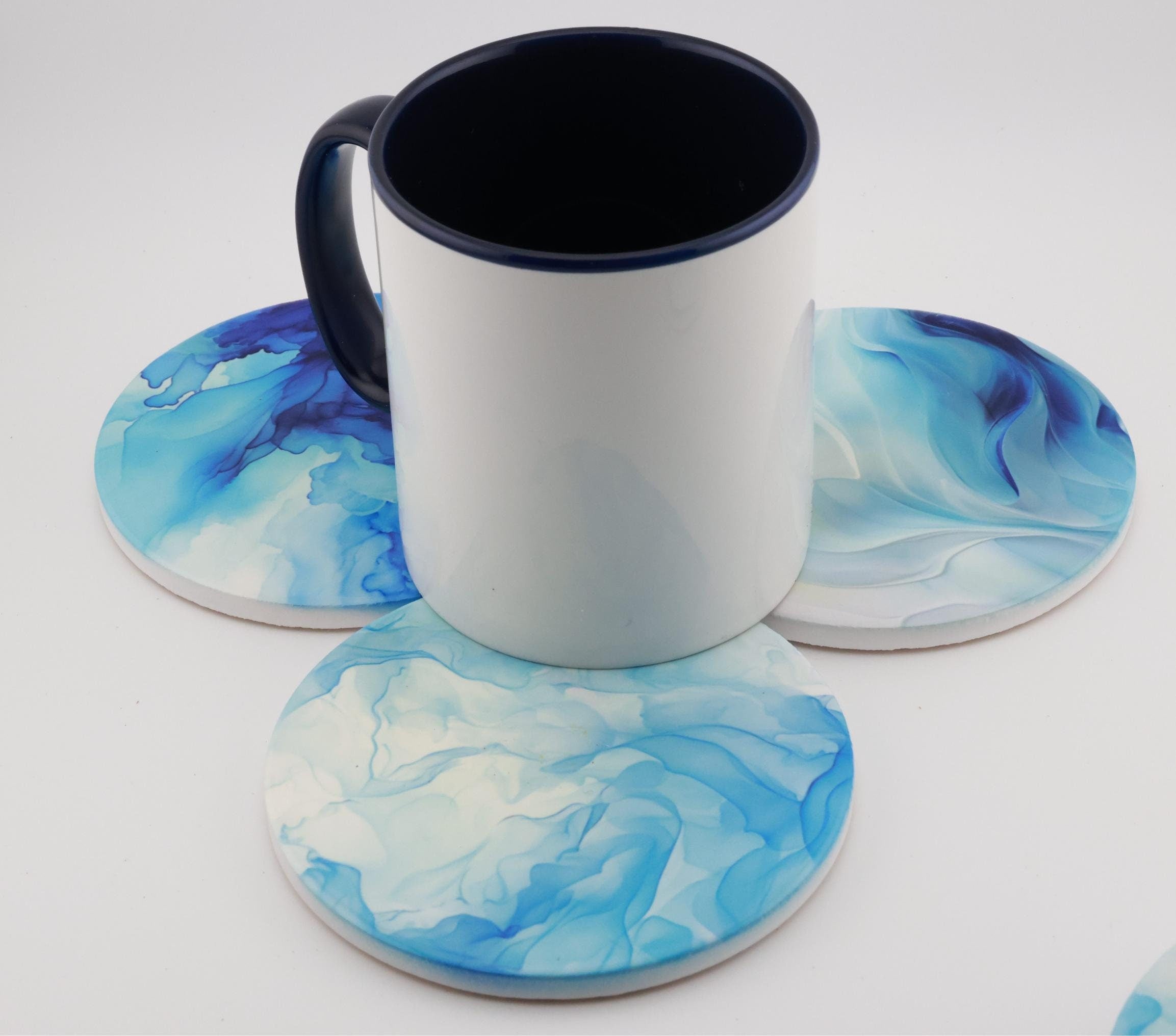 AI24009C Blue swirls Marble Effect Round Ceramic Coasters-Set of 6, colourful, gift for all occasions, six unique designs.