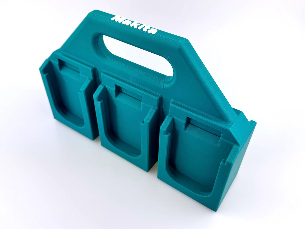 Makita-compatible 18V six-battery caddy – 3D render in teal