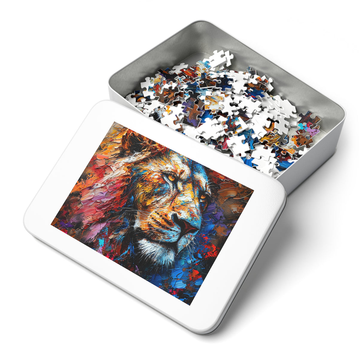 Rainbow Lion Jigsaw Puzzle with Tin – Expressive Painterly Art