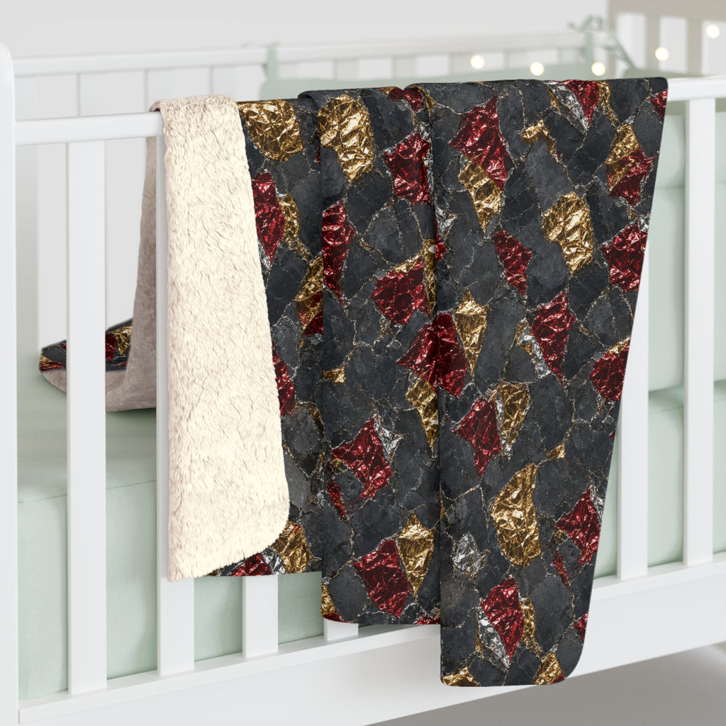Garnet Gold Foil Sherpa Fleece Blanket – Holographic-Look Metal Pattern