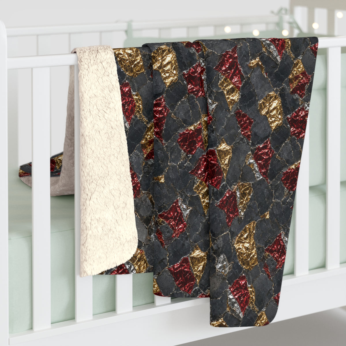 Garnet Gold Foil Sherpa Fleece Blanket – Holographic-Look Metal Pattern