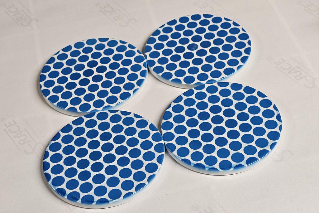 AI24067C Blue Circles / Spots Contemporary Pattern -  Round Ceramic Coasters- Set of 6, gift for all occasions, Designed and made in Britain