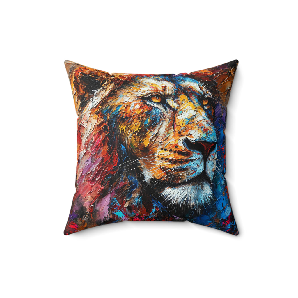 Rainbow Lion Faux Suede Cushion – Expressive Painterly Art