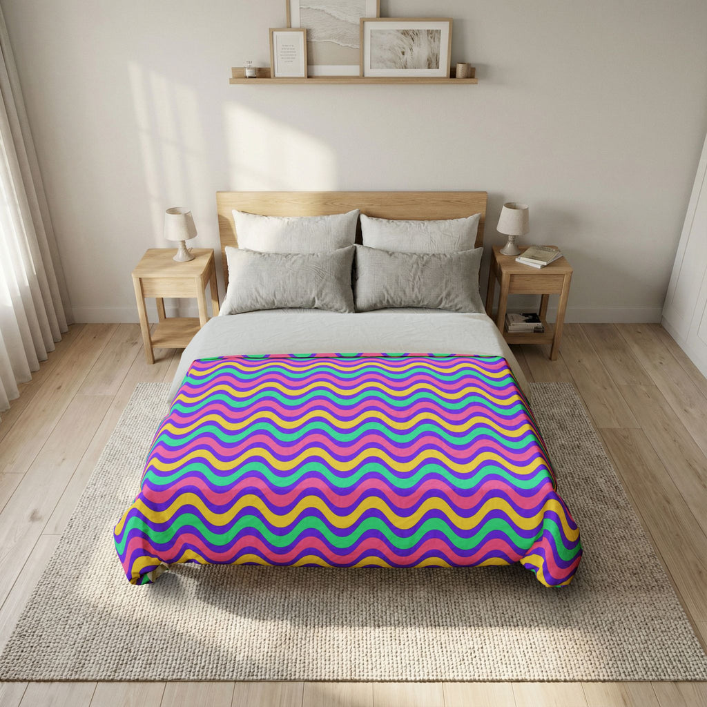 Wide Wave Interference Cotton Duvet Cover – Candy Pastel on Grape