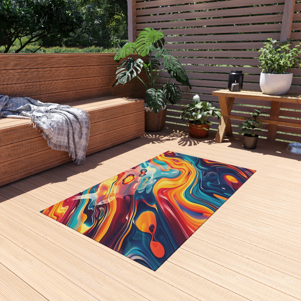 Liquid Rainbow Swirl Outdoor Rug – Psychedelic Fluid Art