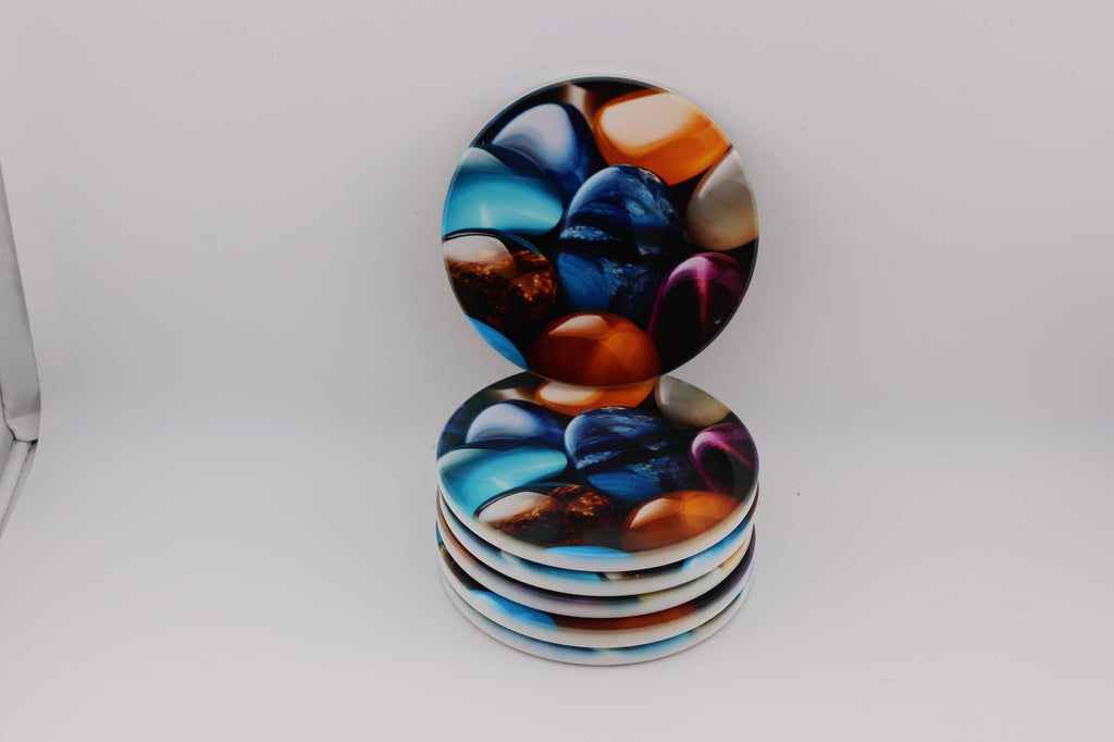 AI24046C  Pebbles - Multi coloured Round Ceramic Coasters- Set of 6, gift for all occasions, Designed and made in Britain