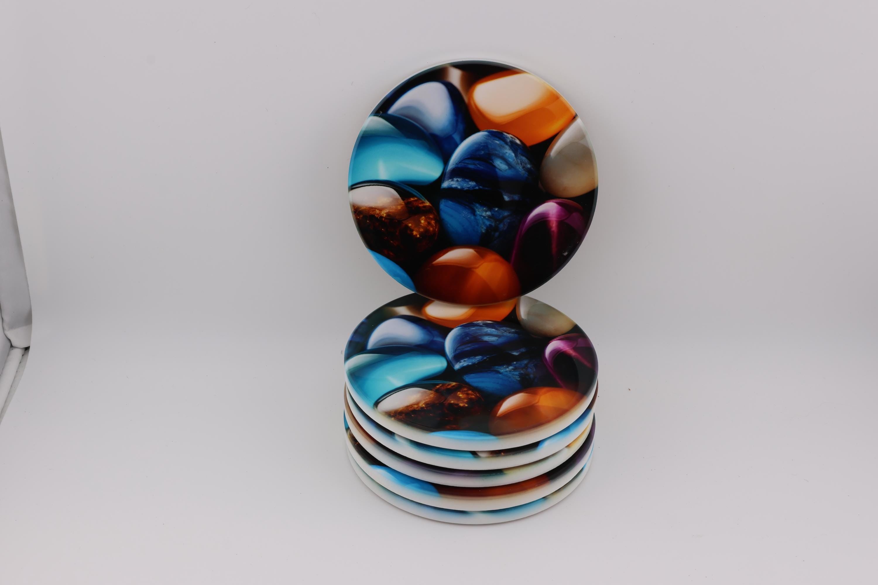 AI24046C  Pebbles - Multi coloured Round Ceramic Coasters- Set of 6, gift for all occasions, Designed and made in Britain