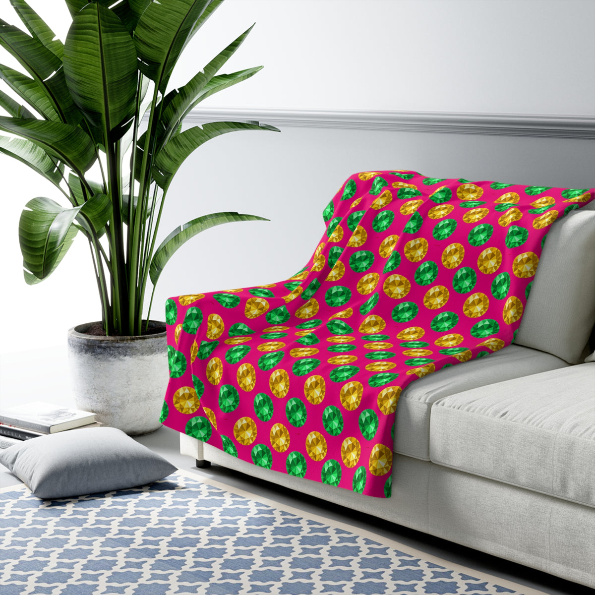 Half-Drop Gem Grid Sherpa Fleece Blanket – Faceted Gem Geometric Pattern