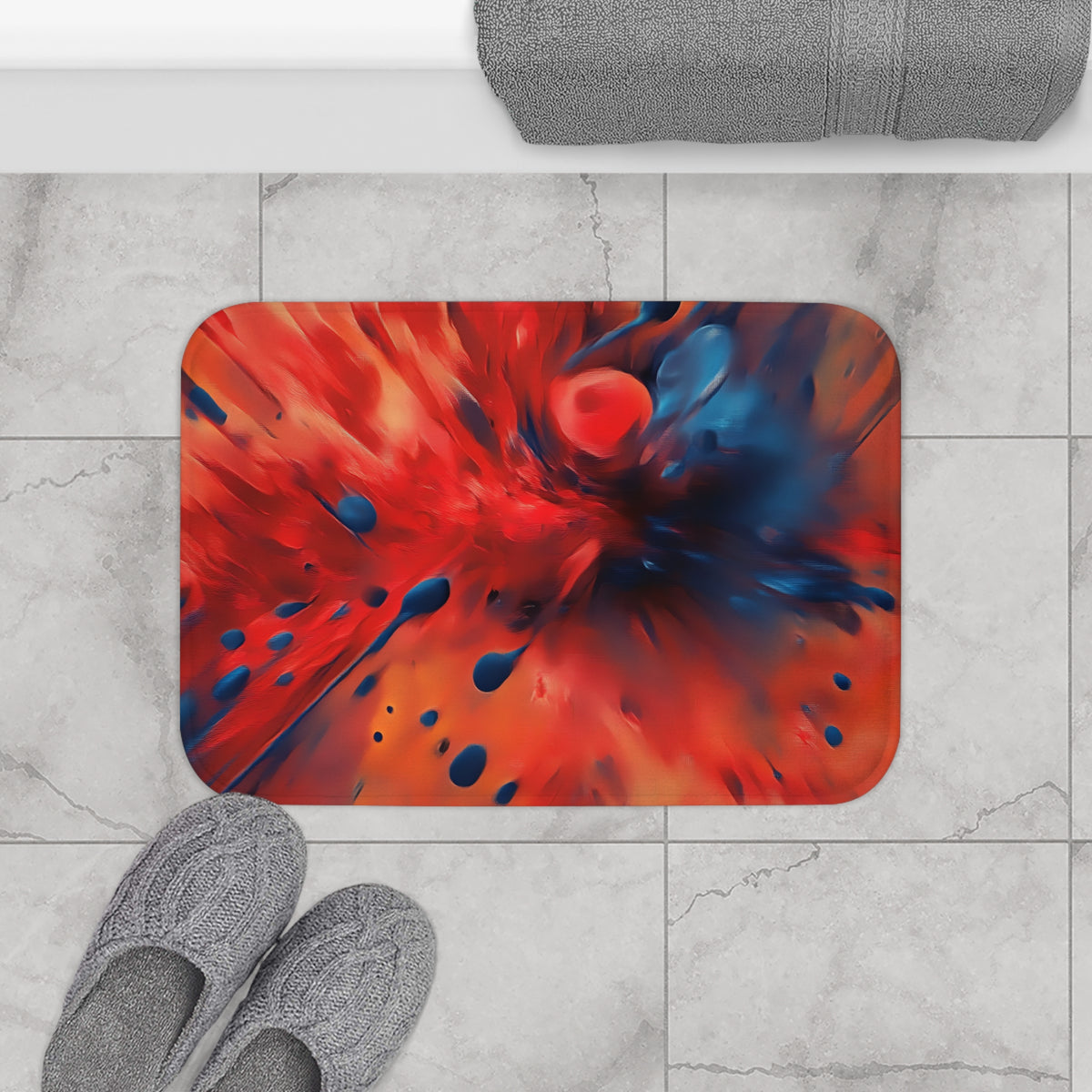 Scarlet Blue Blast Bath Mat – Abstract Explosion Art