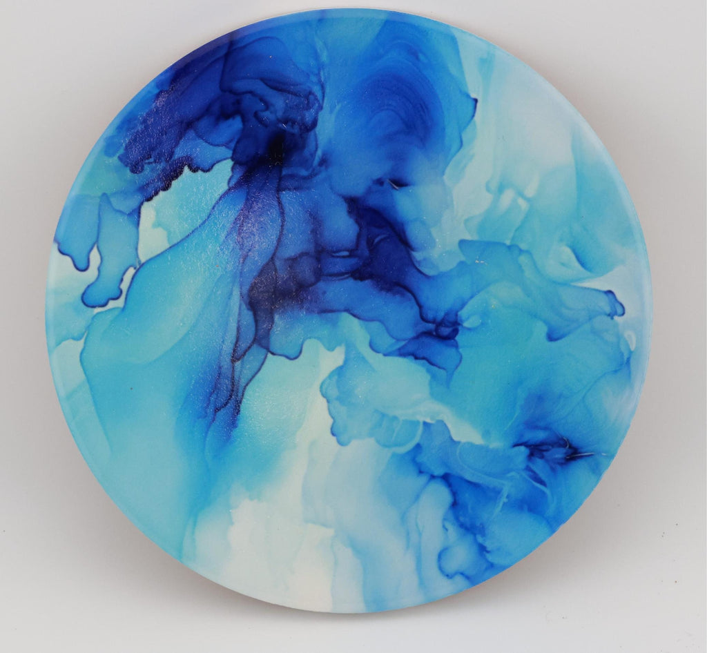 AI24009C Blue swirls Marble Effect Round Ceramic Coasters-Set of 6, colourful, gift for all occasions, six unique designs.