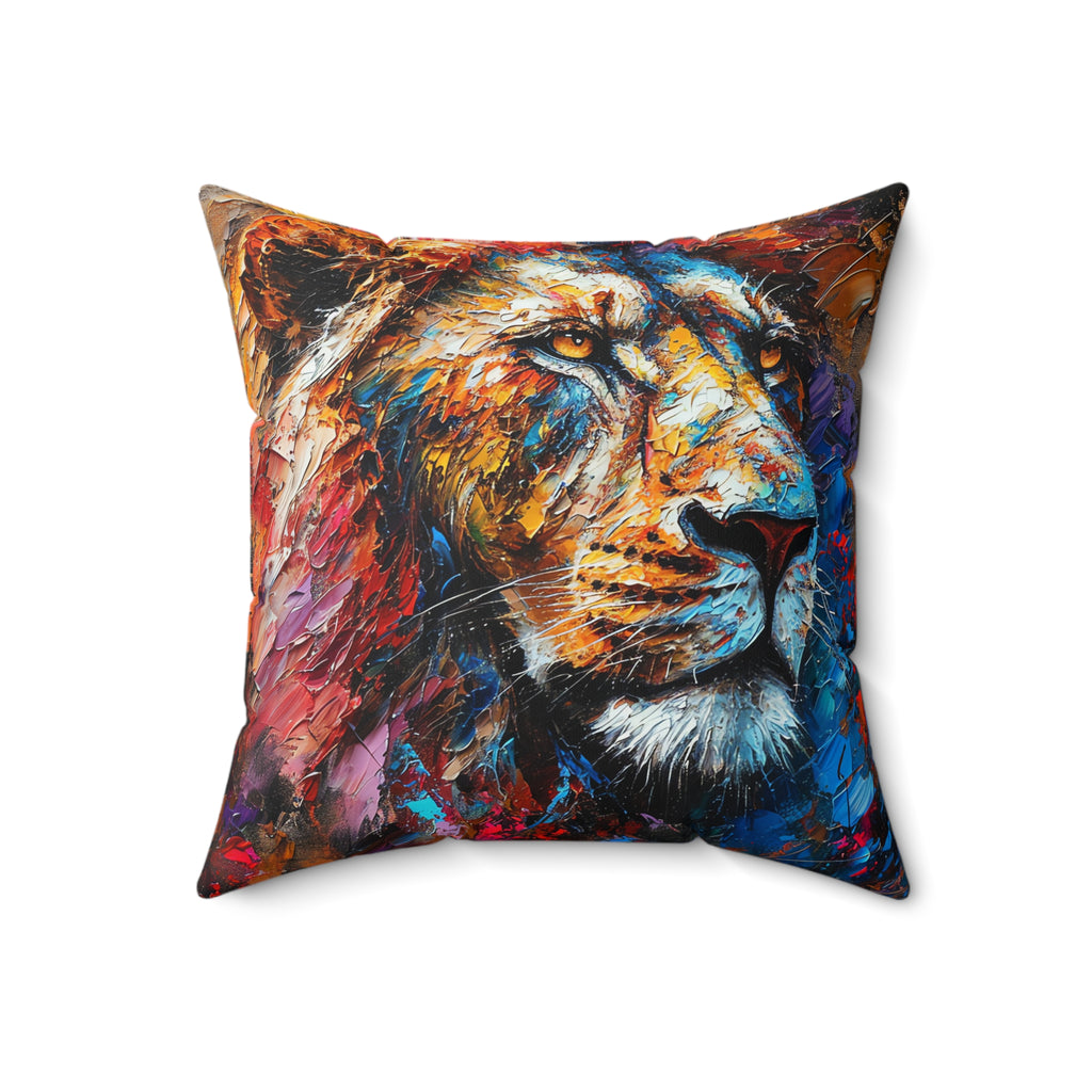 Rainbow Lion Faux Suede Cushion – Expressive Painterly Art