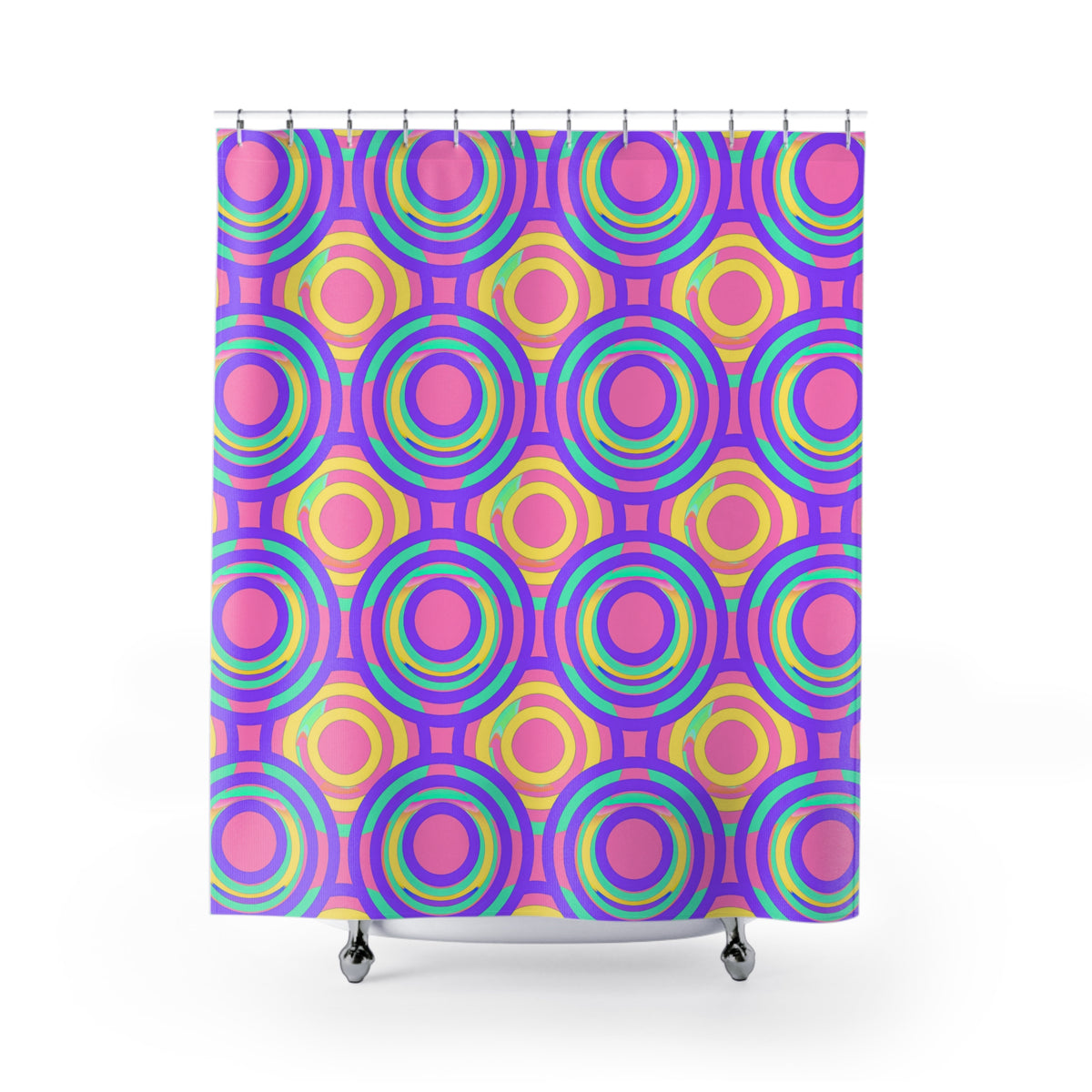 Interlocking Ring Ripples Shower Curtain – Candy Pastel on Grape
