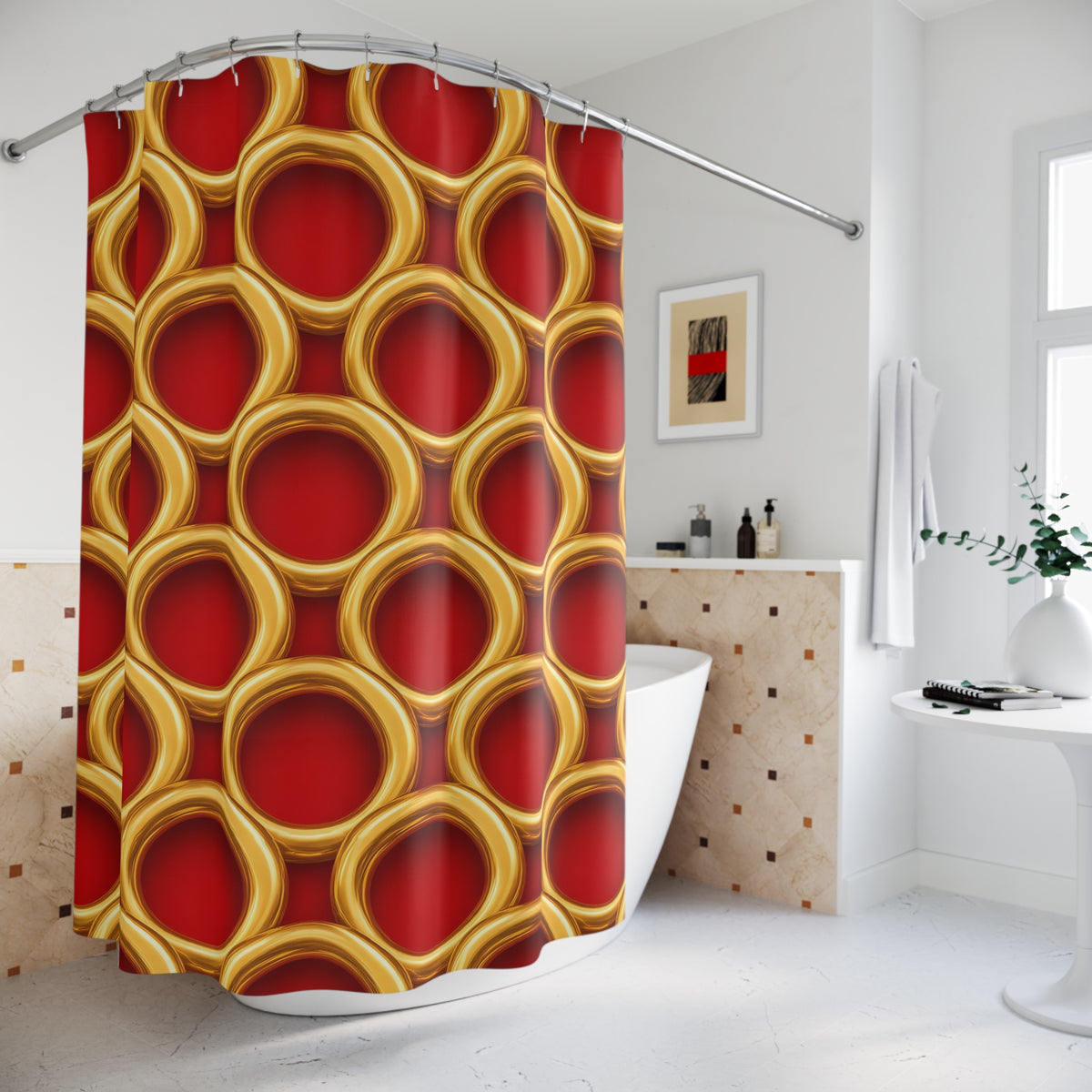 Big Gold Ring Weave Shower Curtain – Liquid Chrome Weave Pattern
