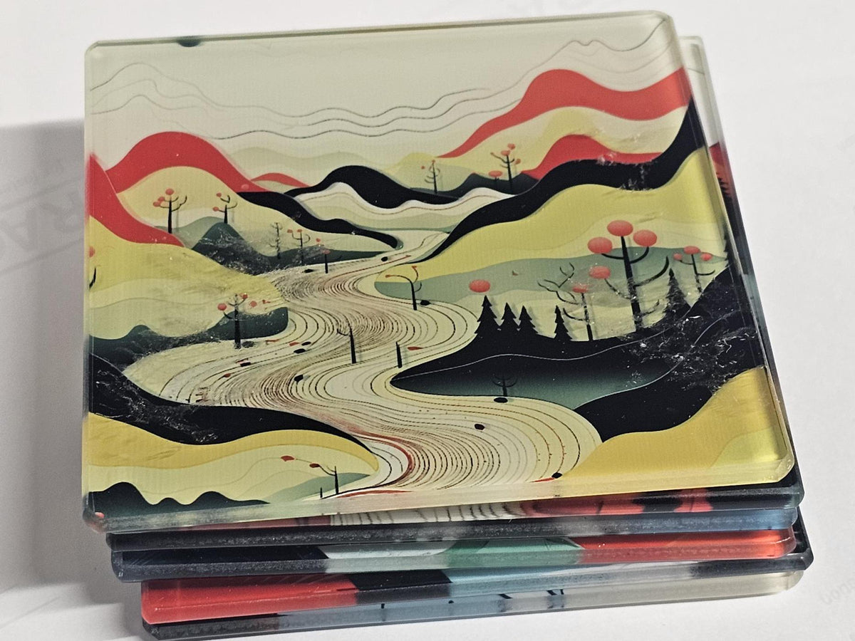 AI24004G Personalised Mountain Landscape Coaster Set - Handmade  Art Glass Coasters - Rustic Cabin Decor Gift - Unique Housewarming Gift