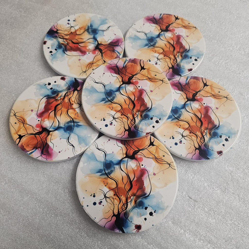 AI24058C Watercolour  Design No3 - Multi coloured Round Ceramic Coasters- Set of 6, gift for all occasions, Designed and made in Britain