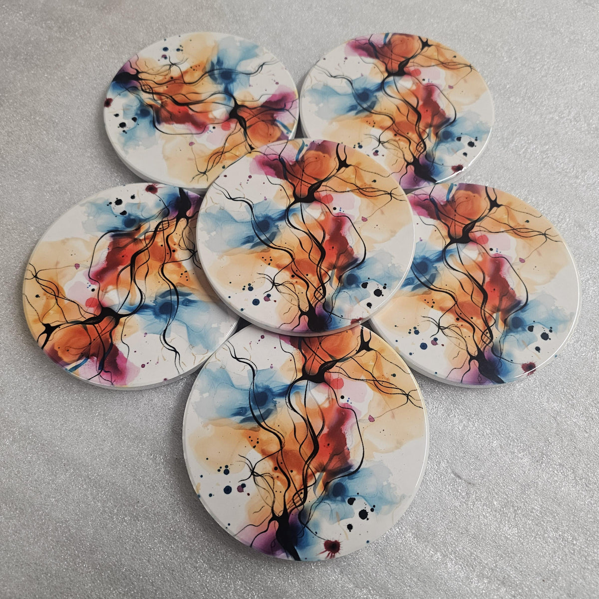 AI24058C Watercolour  Design No3 - Multi coloured Round Ceramic Coasters- Set of 6, gift for all occasions, Designed and made in Britain