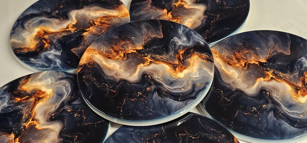 AI24062C Abstract Black & Gold Lave Marble Design -  Round Ceramic Coasters- Set of 6, gift for all occasions, Designed and made in Britain