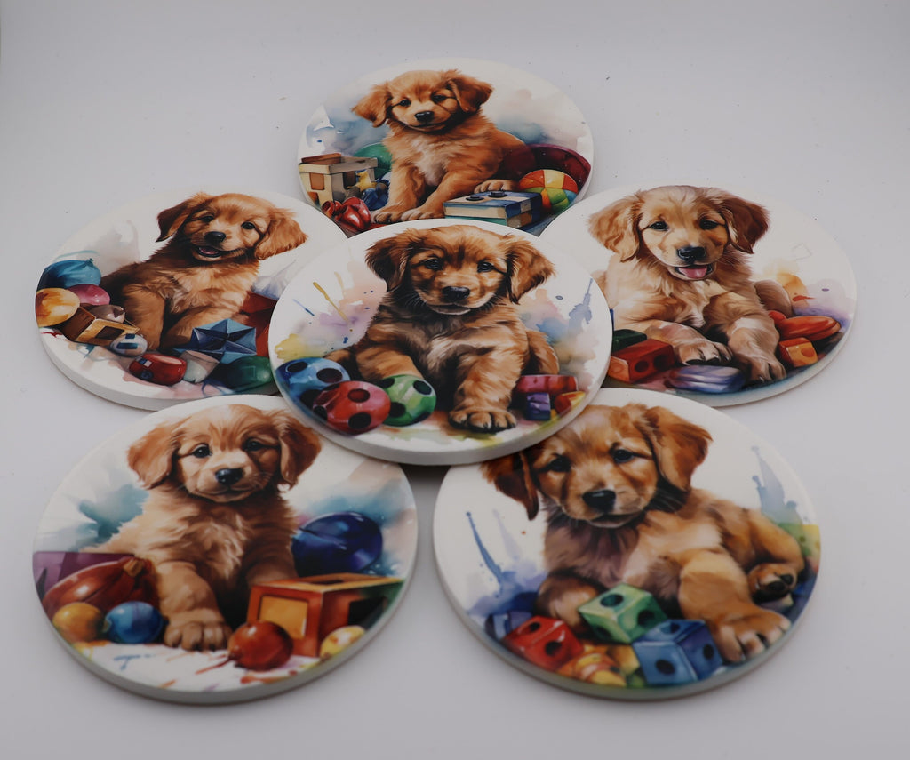 AI24023C Golden Retriever  Puppy Printed Watercolour effect Round Ceramic Coasters-  Set of 6, colourful, gift for all occasions