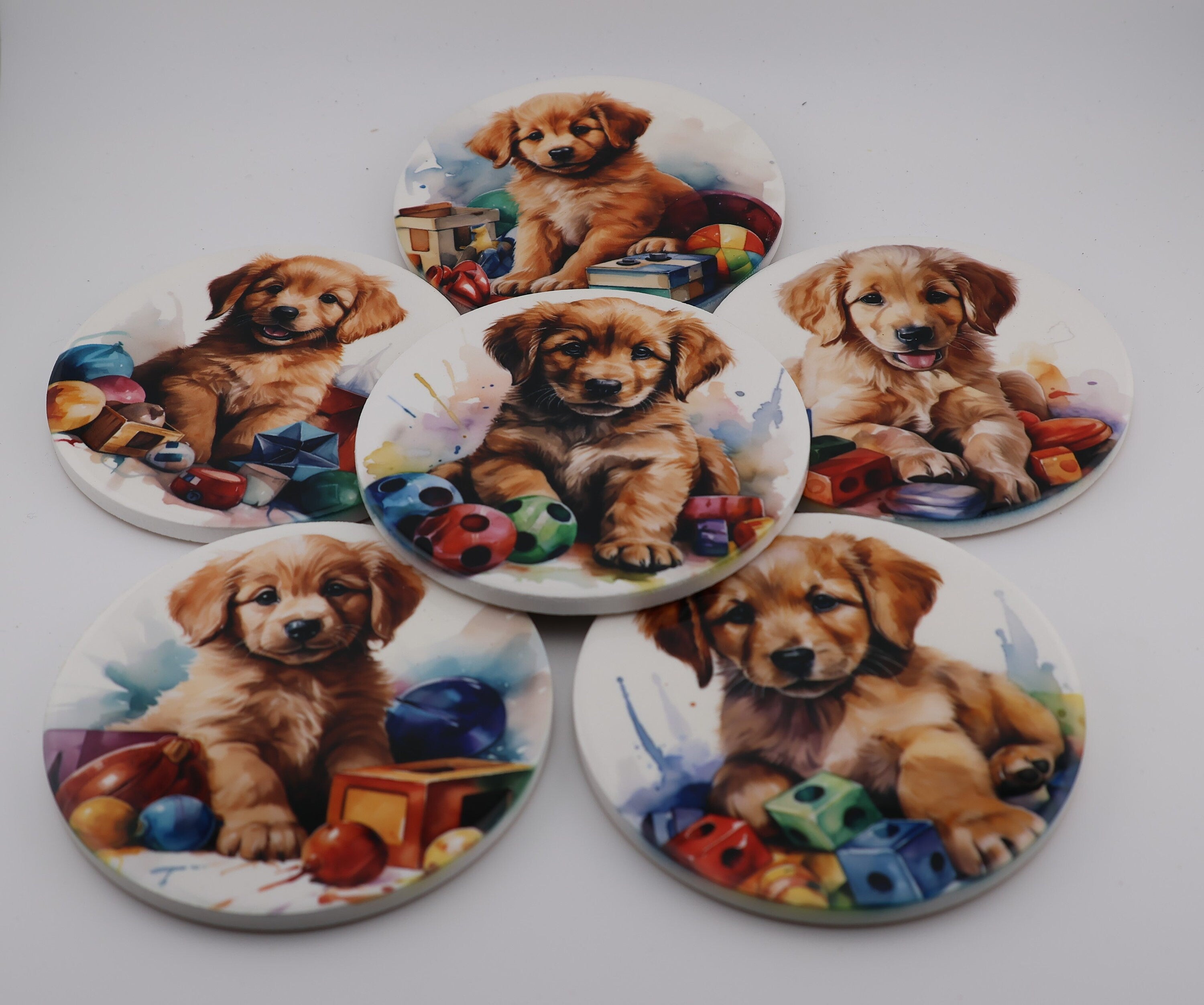 AI24023C Golden Retriever  Puppy Printed Watercolour effect Round Ceramic Coasters-  Set of 6, colourful, gift for all occasions