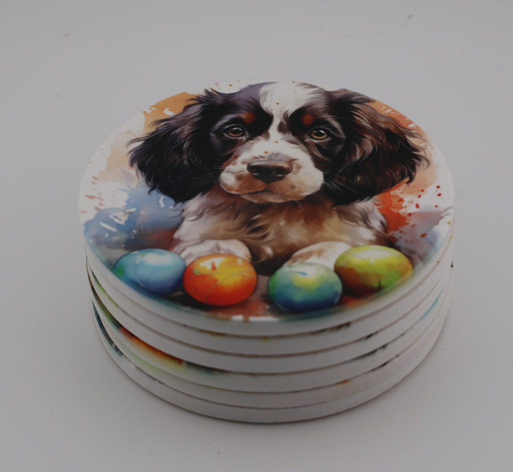 Springer Spaniel Puppy Printed Watercolour effect Round Ceramic Coasters-  Set of 6, colourful, gift for all occasions, six unique designs.