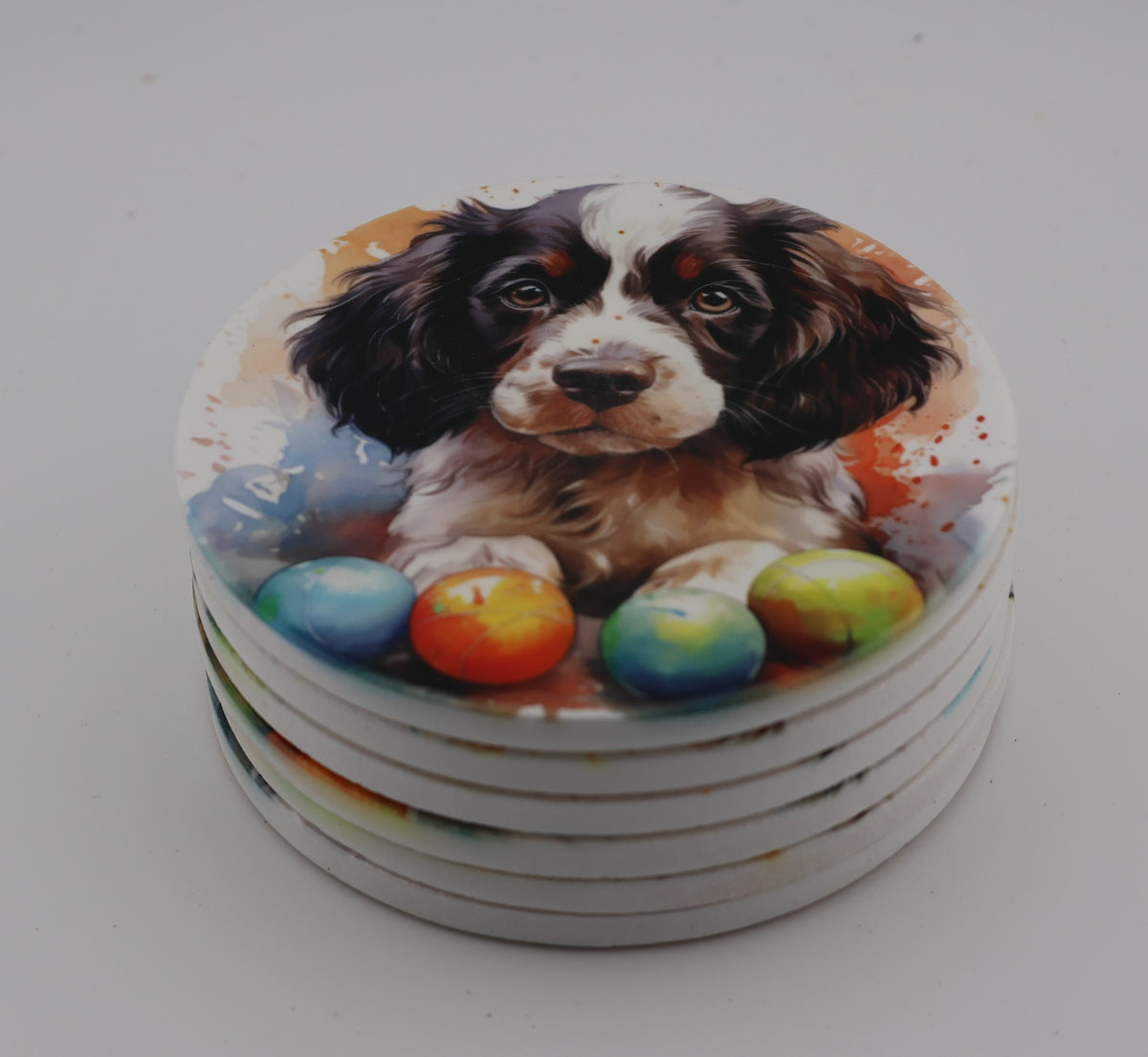 Springer Spaniel Puppy Printed Watercolour effect Round Ceramic Coasters-  Set of 6, colourful, gift for all occasions, six unique designs.