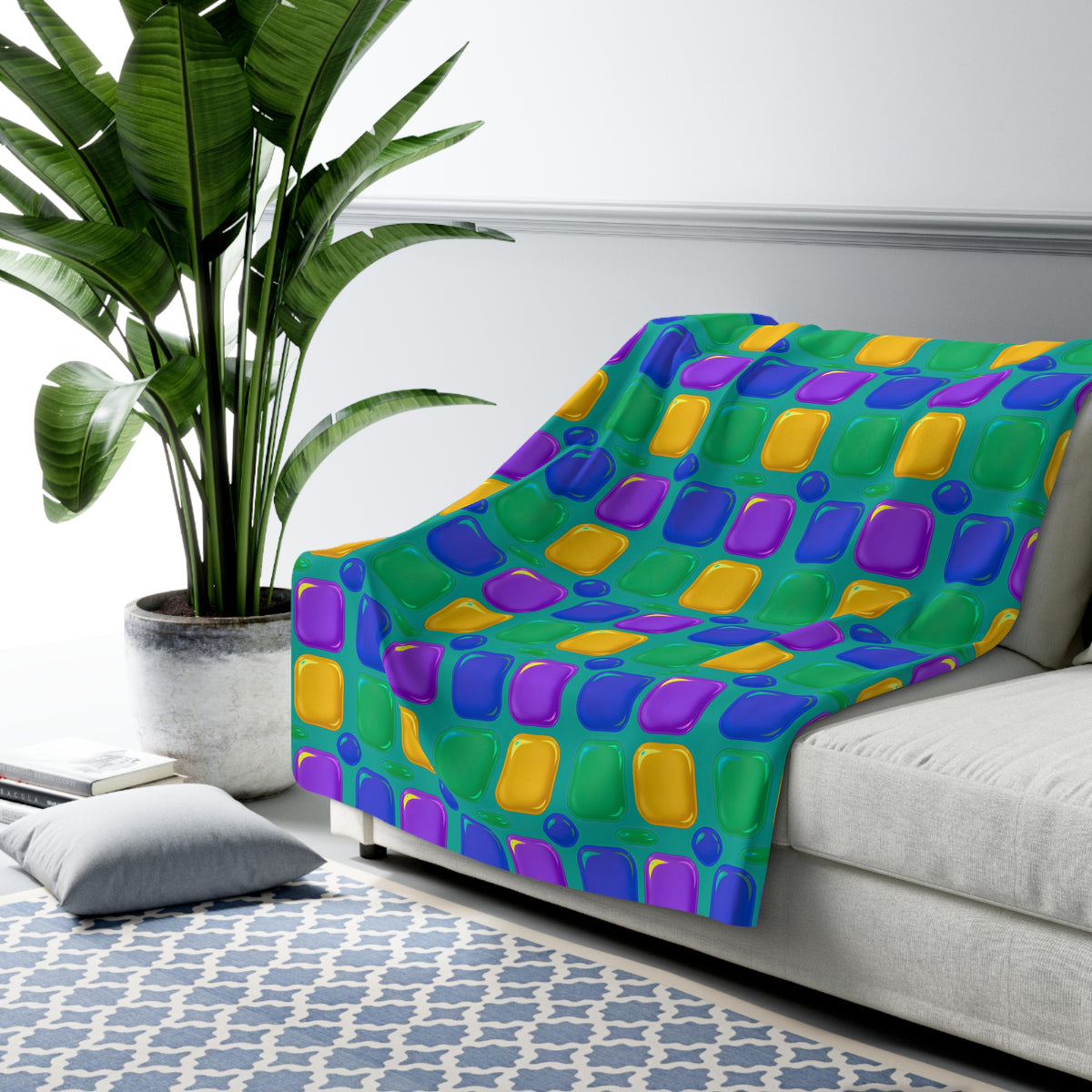 Giant Puffy Glass Cushions Sherpa Fleece Blanket – Peacock Jewel