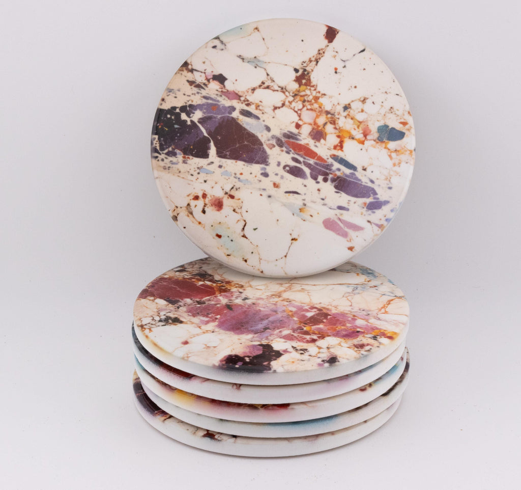 AI2406C18 Terrazzo Marble Ceramic Coaster Set of 6, Neutral Round Drink Coasters, Modern Kitchen Decor, Housewarming Gift
