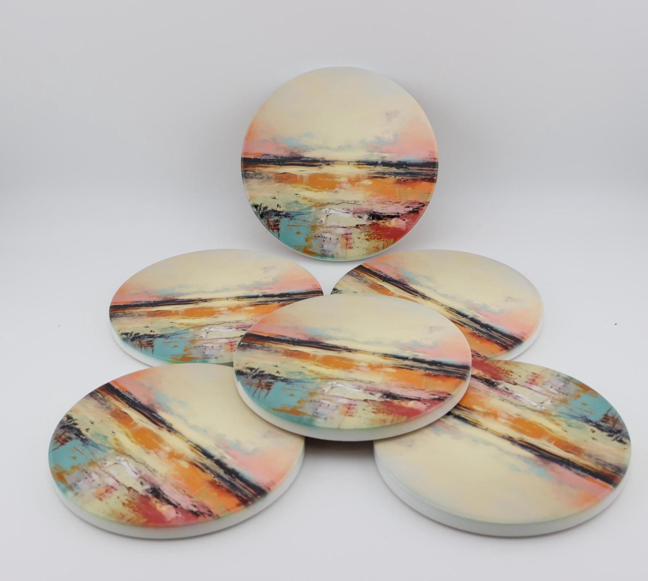 AI24079C Abstract Minimalist Watercolour Landscape - Multi coloured Round Ceramic Coasters- Set of 6,gift for all occasions, Made in Britain