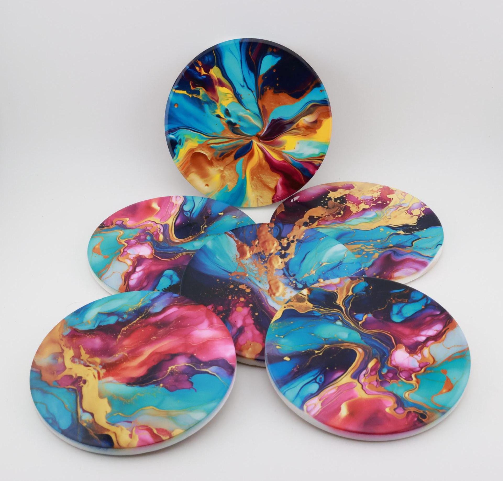 AI24021C Multi Colour Fluid Lava, purples,Effect Round Ceramic Coasters- Set of 6, colourful, gift for all occasions, six unique designs.