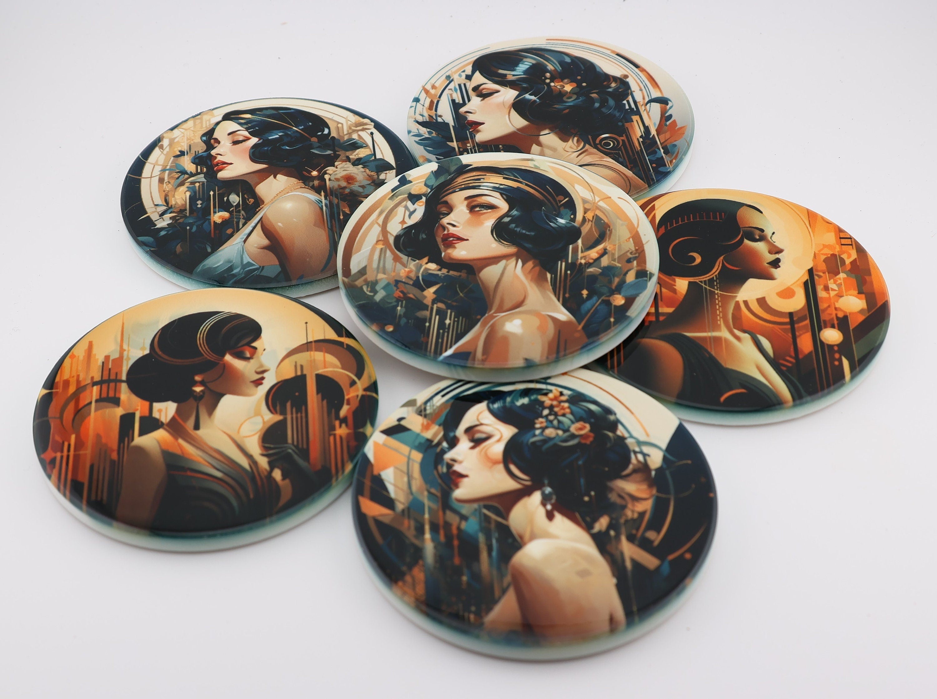 AI24008c. Art Deco Effect Round Ceramic Coasters-  - Set of 6, colourful, gift for all occasions, six unique designs.